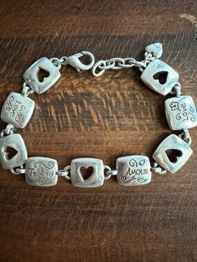 Silver tone Heart Link Bracelet with 'Amour' and 'Te Amo' Accents Brighton